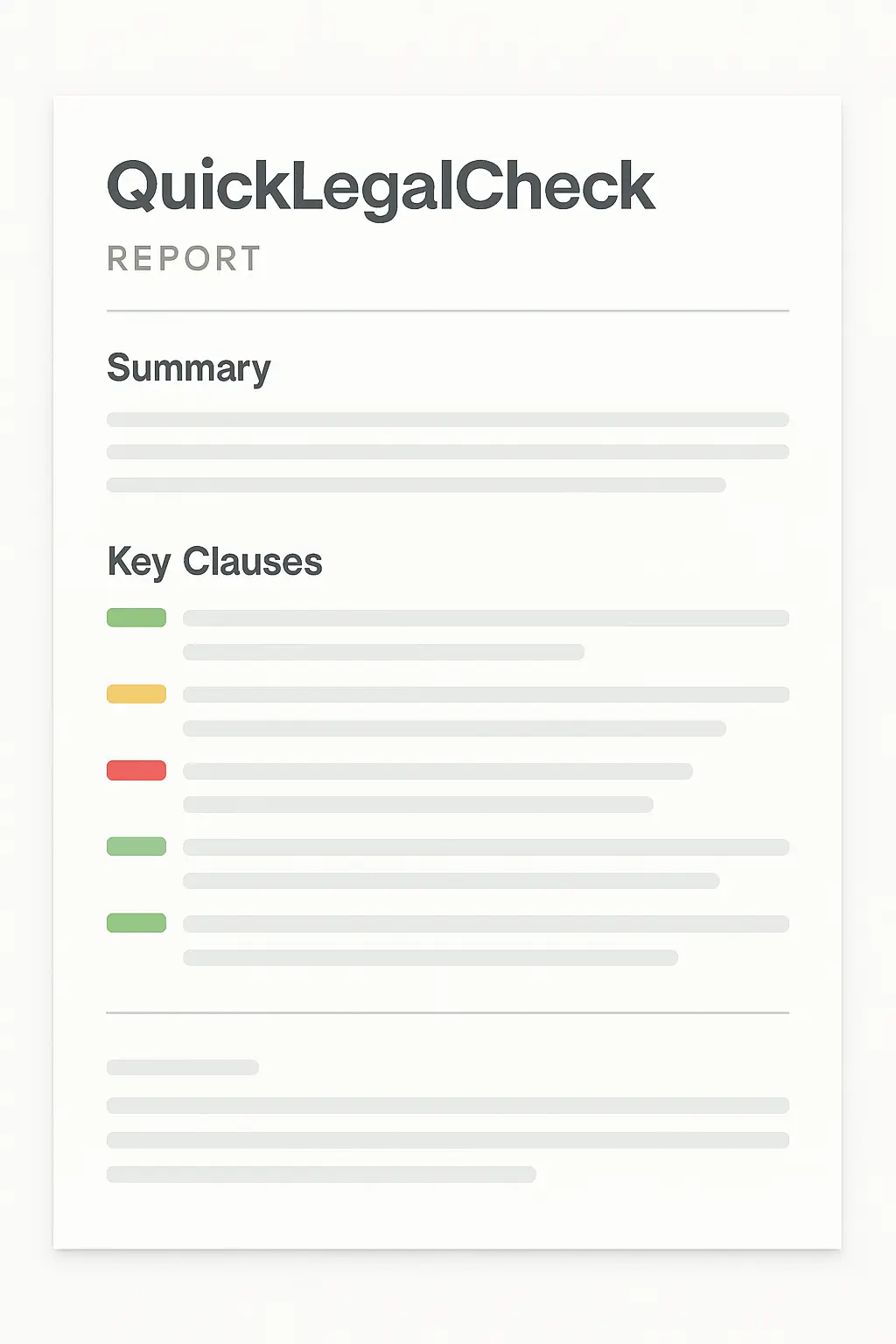 QuickLegalCheck sample report showing summary and key clauses with traffic light ratings